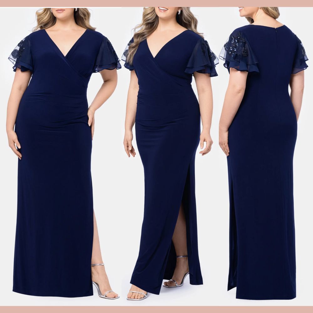NEW Betsy & Adam [ 20W ] Sequin V-Neck Flutter Sleeve Gown Navy‎ Blue